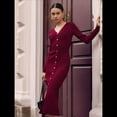 thumbnail image 4 of Vestido Midi de Punto Acanalado para Mujer, Estilo Informal, Cuello en V, Larga, Ajustado, para Otoño de 2025 Vino Tinto L, 4 of 9