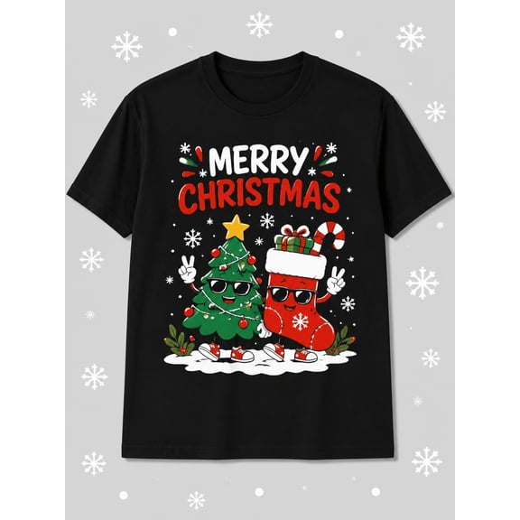 Merry Christmas Graphic T-Shirt, Funny Sunglasses Christmas Tree Stocking Holiday Casual Short Sleeve Tee