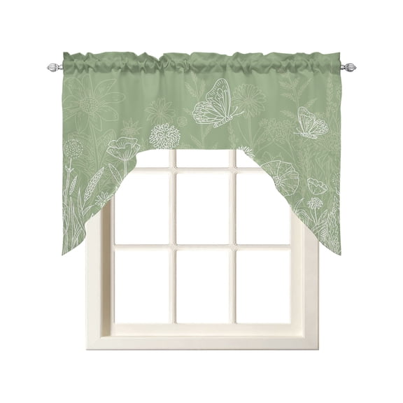 Sage Green Wildflowers Swag Curtains for Kitchen Modern Floral Butterfly Plant Valances for Windows Rod Pocket Small Window Treatment Short Topper for Cafe Bedroom Bathroom Decor 56x36 Inch