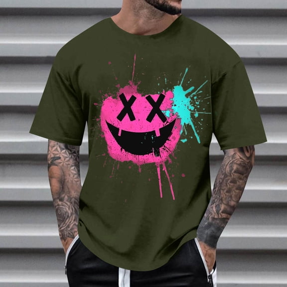 T-shirts for Men Printed Short Sleeve Casual Round Neck T-shirt Top Army Green L Mens Tops
