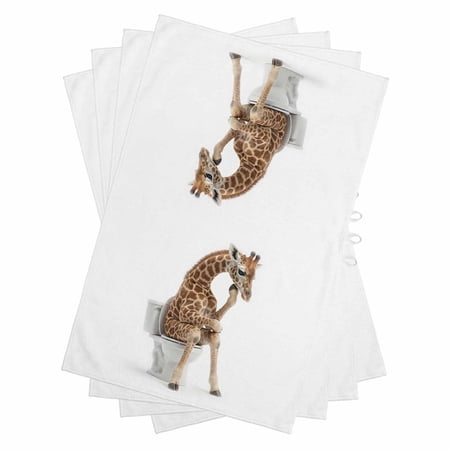 Funny Giraffes Kitchen Towels Set of 4 Water Absorbent Dish Towel Cute Art Fun Lovely Animals on Toilets Decorative Hand Towels - Quick Drying Cloth for Cooking Baking 18x28 Inch