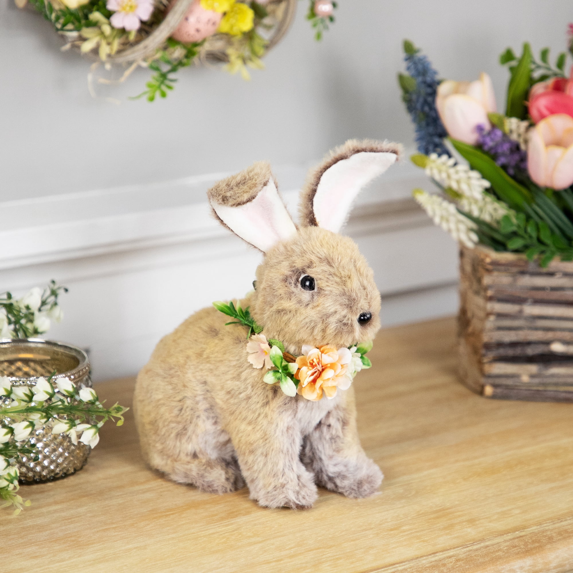 Northlight Plush Rabbit with Flower Wreath Easter Figurine - 8.5"