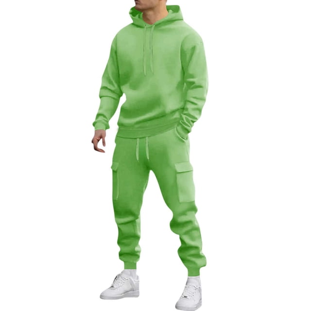 Mens Long Sleeve, Tracksuit with Hooded Pullover and Elastic Waist