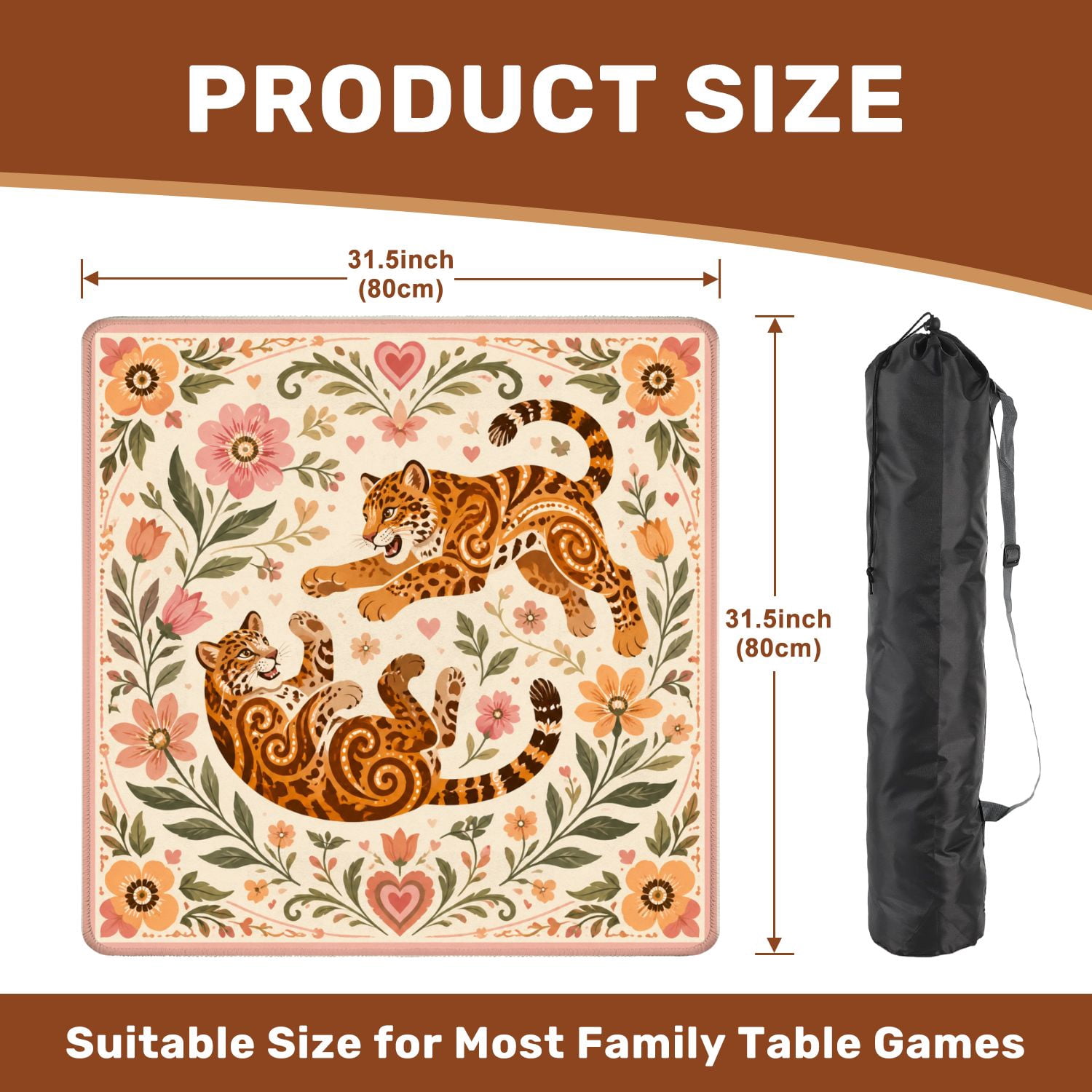 Mahjong Mat 31.5" x 31.5" Playful Jaguars Floral Swirls Heart Details Soft Pastel Colors Non-Slip Noise Reduction American Mahjong Tiles Table Cover for Dominoes Poker Card Board Games Gift