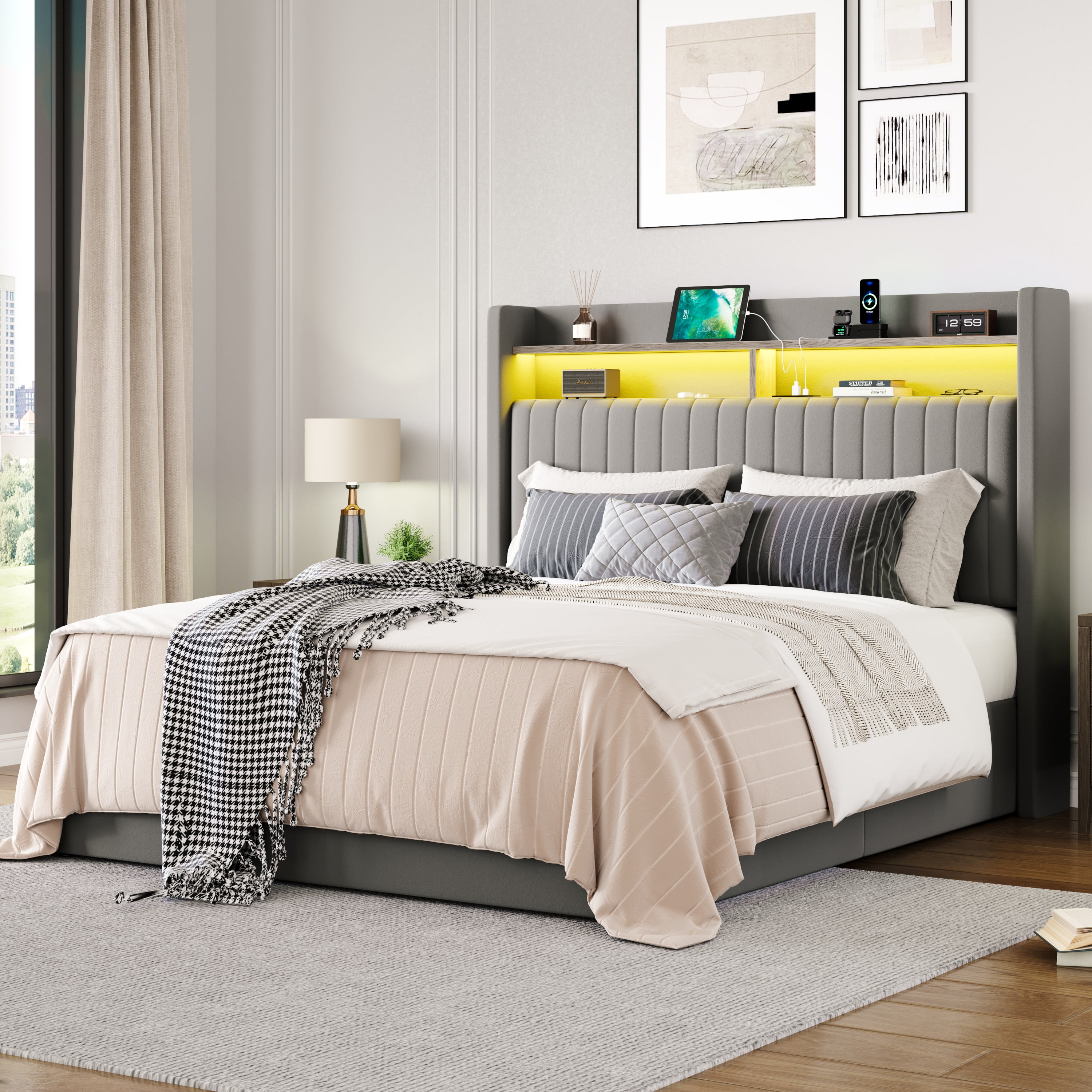 Amolife Full Hydraulic Lift-Up Storage Bed Frame, LED Headboard with Fast Charging (USB/Type-C), 2-Tier Shelves & Velvet Upholstered, Gray