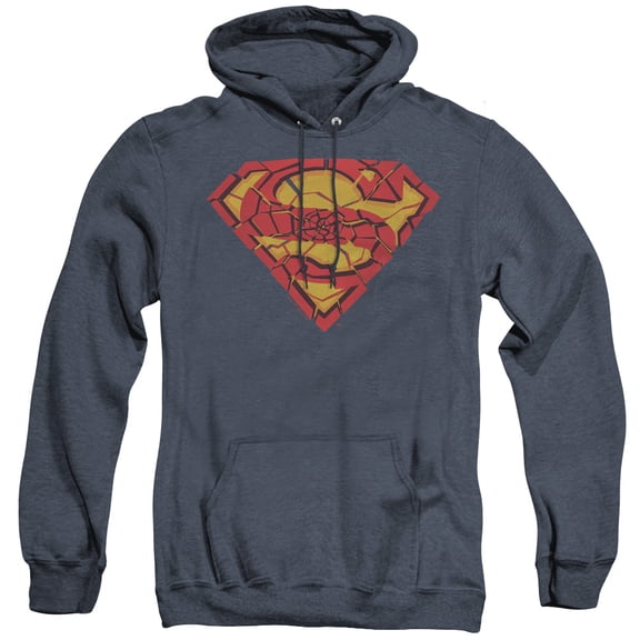 Superman Shattered Shield Adult Heather Hoodie Sweatshirt Navy