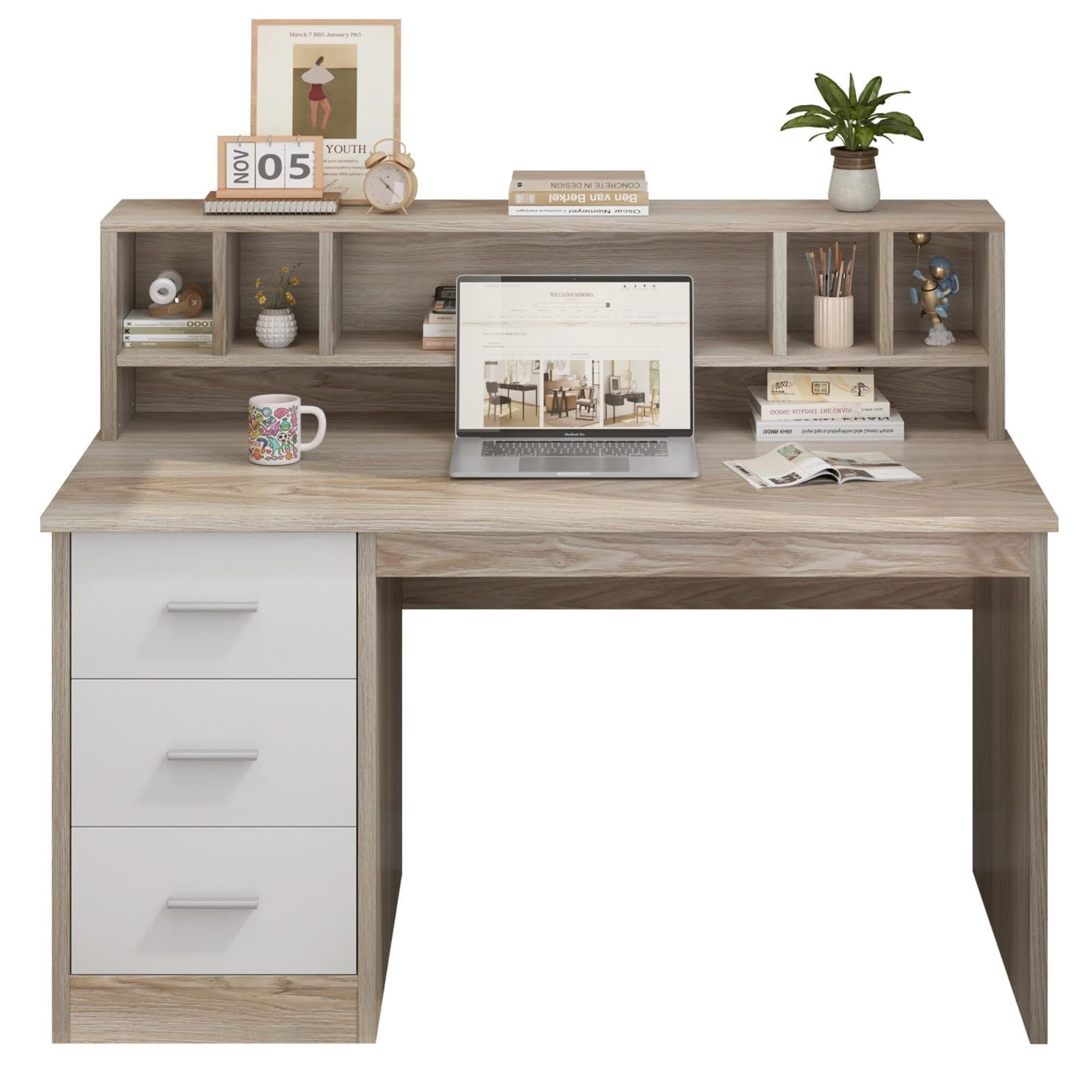 46-Inch Home Office Desk with Hutch & 3 Storage Drawers, Natural Wood Finish, Small Space Writing Study Table for Home Office/Study Room