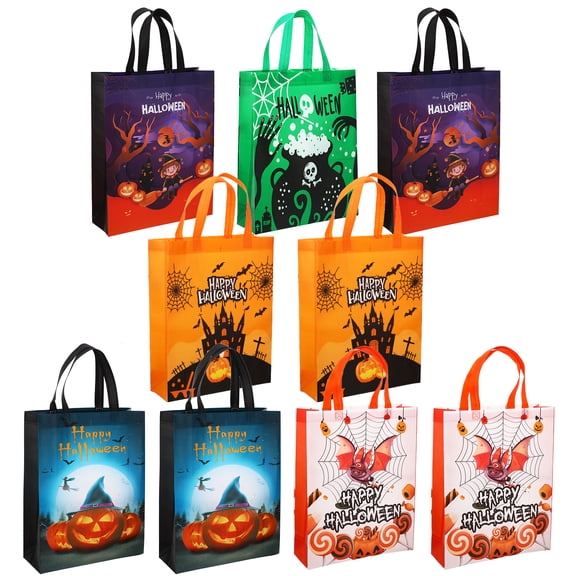 sixwipe 9Pcs Halloween Large Non-Woven Trick or Treat Tote Bags with Handles, 11.8"x15"x3.9" Reusable Goody Bags Bulk for Party Favors, Candy Gift Wrapping Supplies