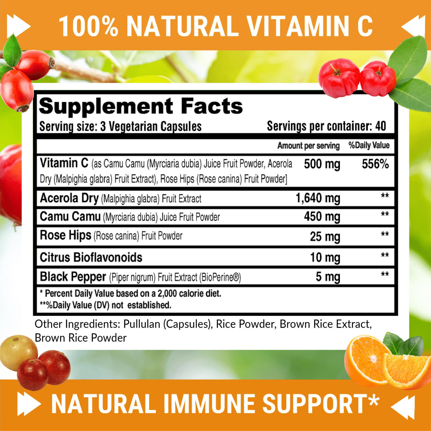 Natural Vitamin C - 100% from Rose Hips, Acerola Cherry and Camu Camu Superfruit 500mg - High Absorption - Immune Support, Skin, Joint and Collagen Booster with Citrus Biflavanoids - 120 Capsules