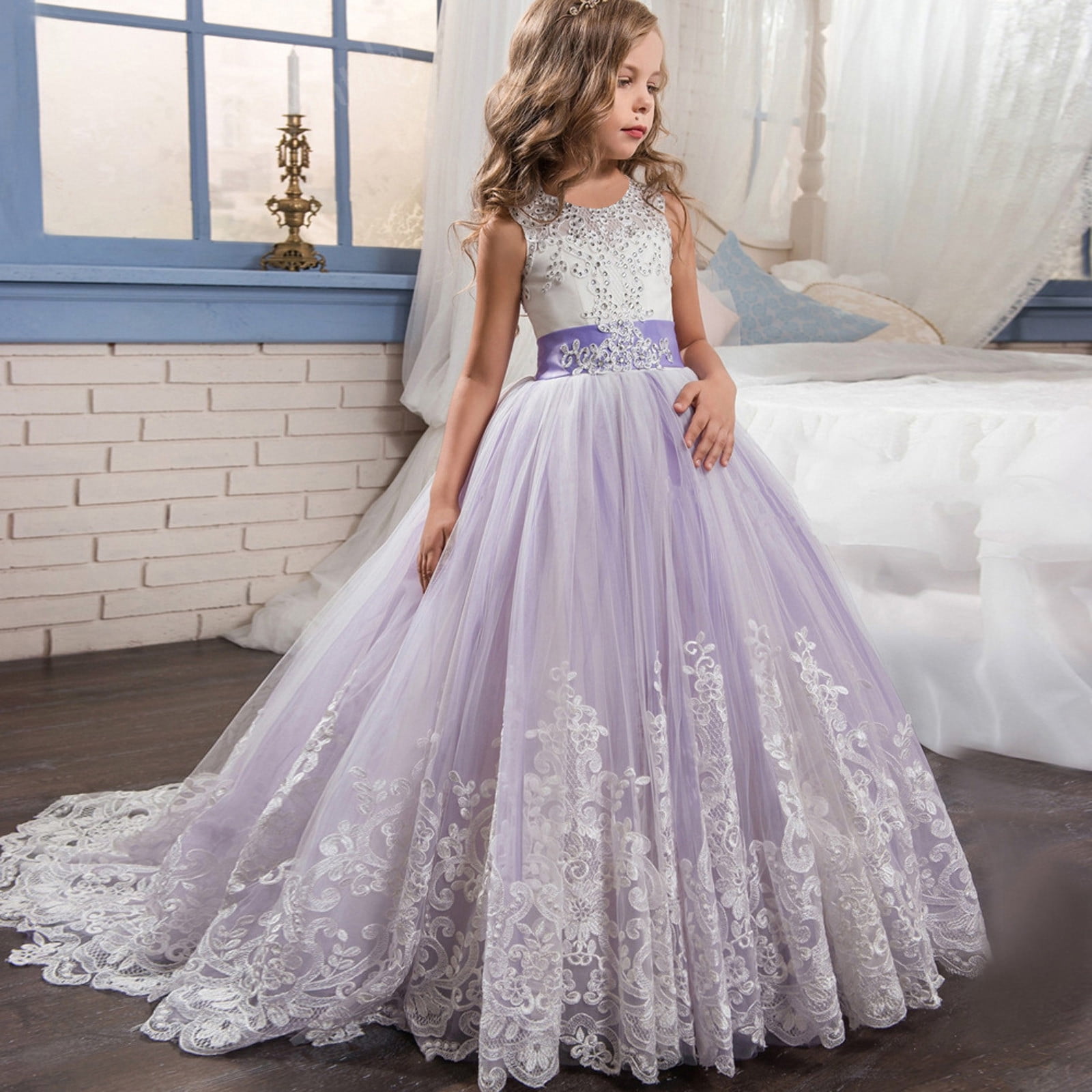 Zanvin Toddler Clothing Toddler Girls Net Yarn Embroidery Rhinestone Bowknot Birthday Party Gown Long Dresses Purple