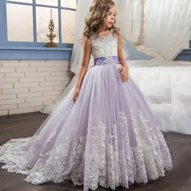 Hjcommed Robe de Princesse Lilas Longue pour Filles Robes de Concours Enfants Robe de Bal en Tulle Violet TTG