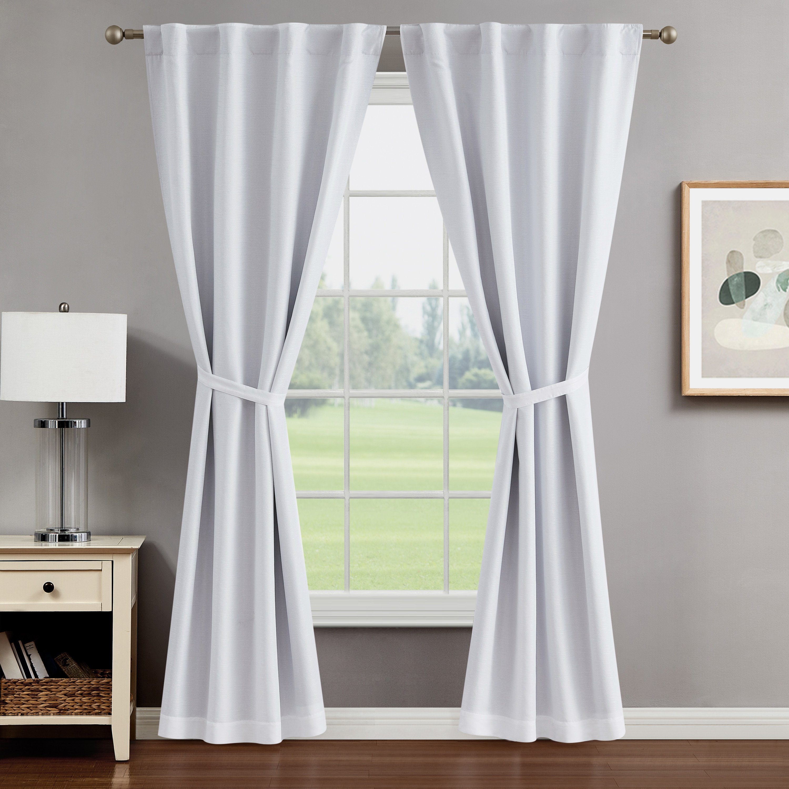 Tobie Blackout Window Curtain Panels with Tiebacks, Back Tab,  White, 38" x 96"