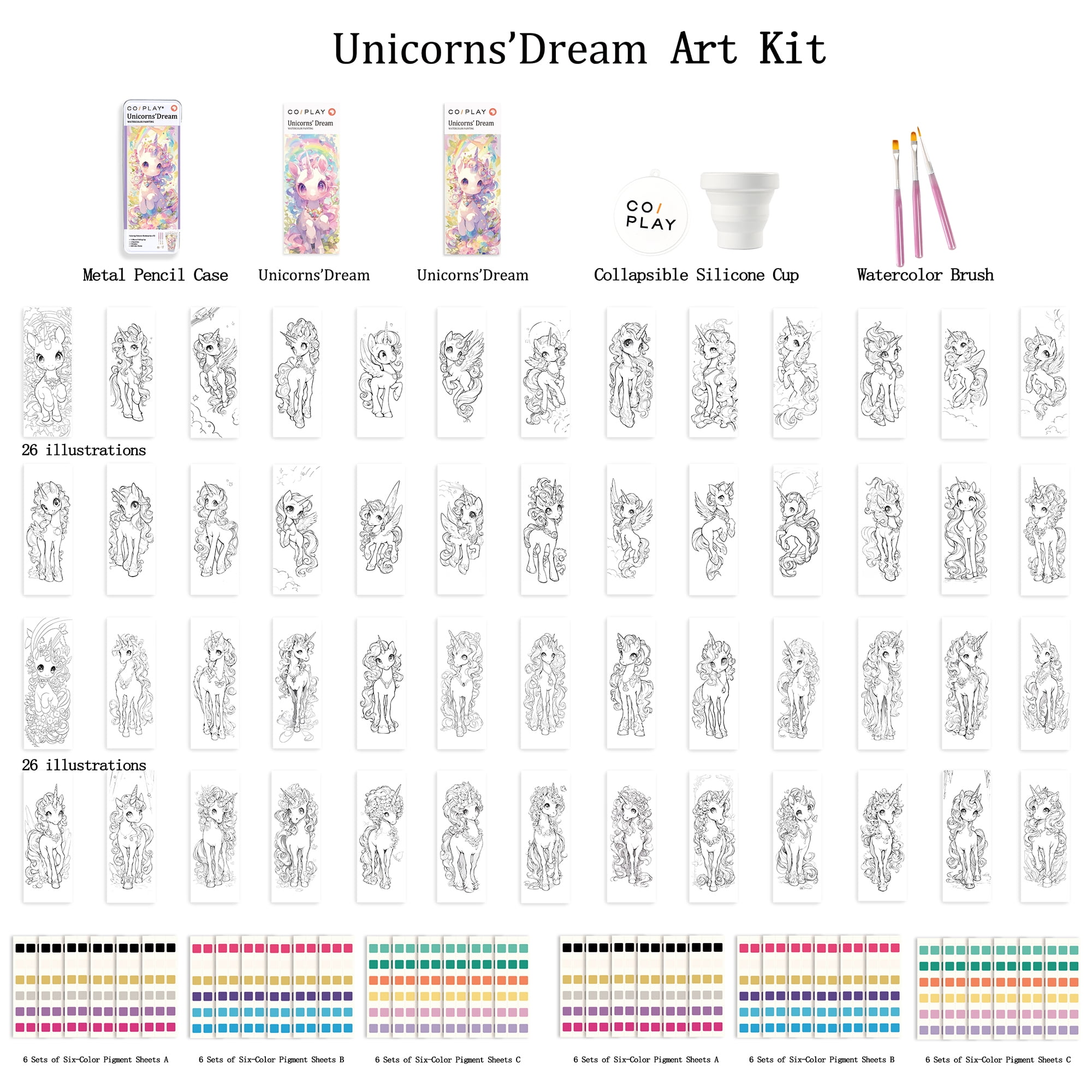 COIPLAY: Watercolor Painting Art Kit - Unicorns Dream - Tin Box, 52 Enchanting Bookmarks, 648 Color Blocks, 3 Brushes, Silicone Cup, Adults-Kids 6+