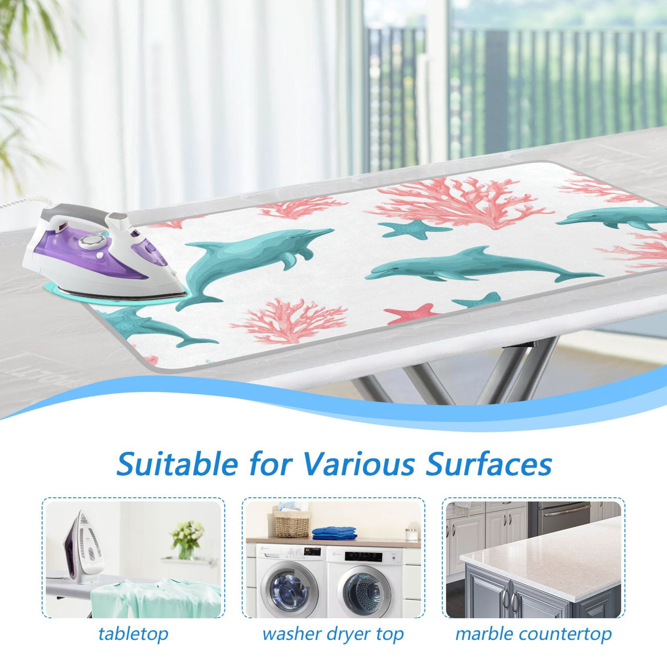 Pink Corals Blue Dolphins Ironing Mat Blanket Portable Travel Ironing Pad Heat Resistant Pad 47.2" x 27.6”