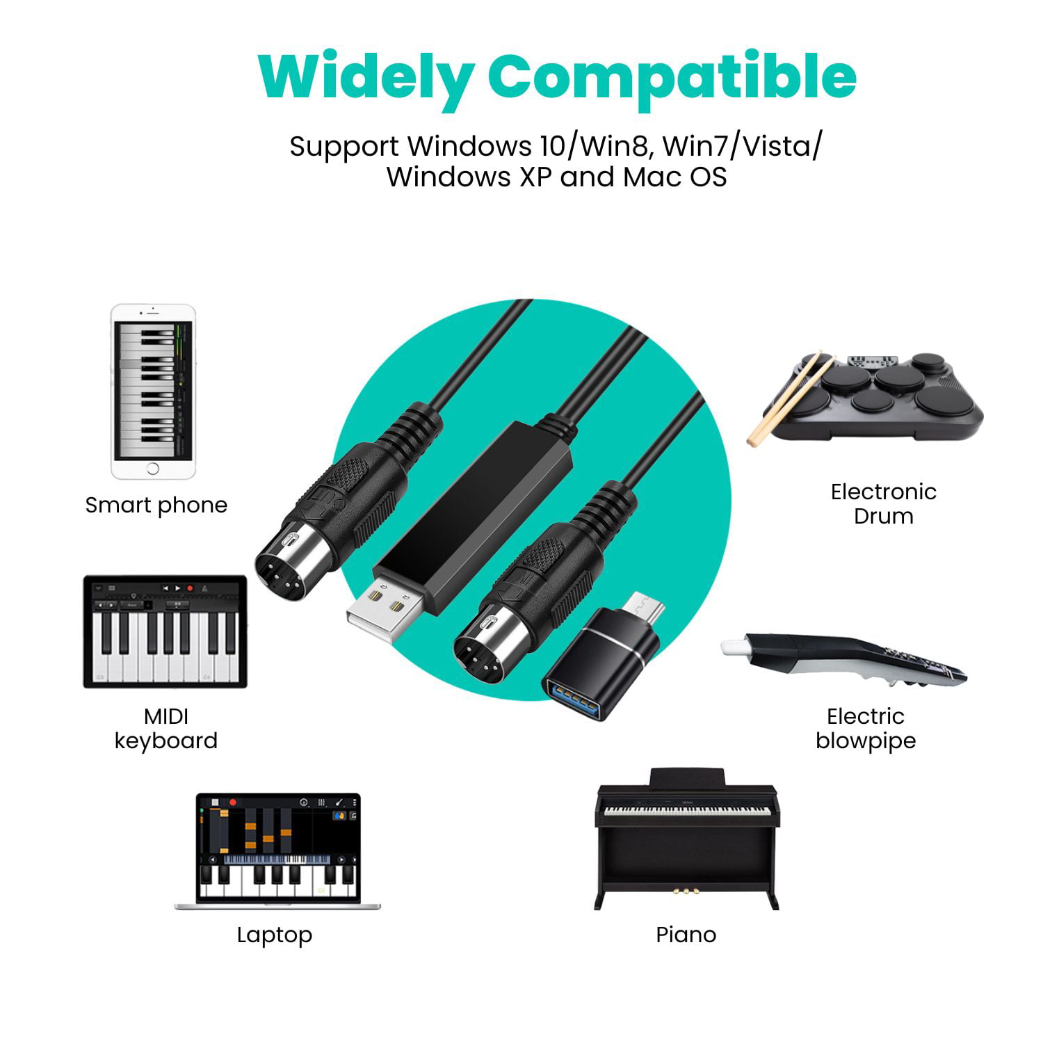 TNP MIDI Cable Set to USB with Type C Adapter 2 in 1 MIDI Piano USB Cord  from PC to Keyboard, Synthesizer, Electronic Drum, Electric Blow Pipe, 16