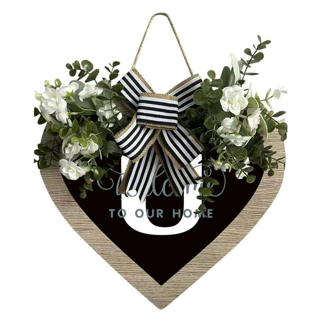 Door Hanging Decoration for Front Door - Heart Shaped Last Name Sign Farmhouse Wreath with 26 Letters - Exterior Hanging Ornament for Outdoor Spring Front Entrance