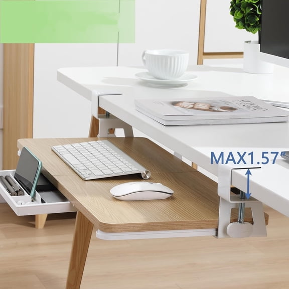 Keyboard Tray Under Desk, 26.77" X 11.81" Large Size Keyboard Tray with C Clamp-on Mount Easy to Install, Computer Keyboard Stand, Ergonomic Keyboard Tray for Home and Office (Oak)