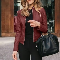 BOOMILK Womens Leather Jacket Motorcycle Long Sleeve Open Front Cropped Coat Plus Size Wine