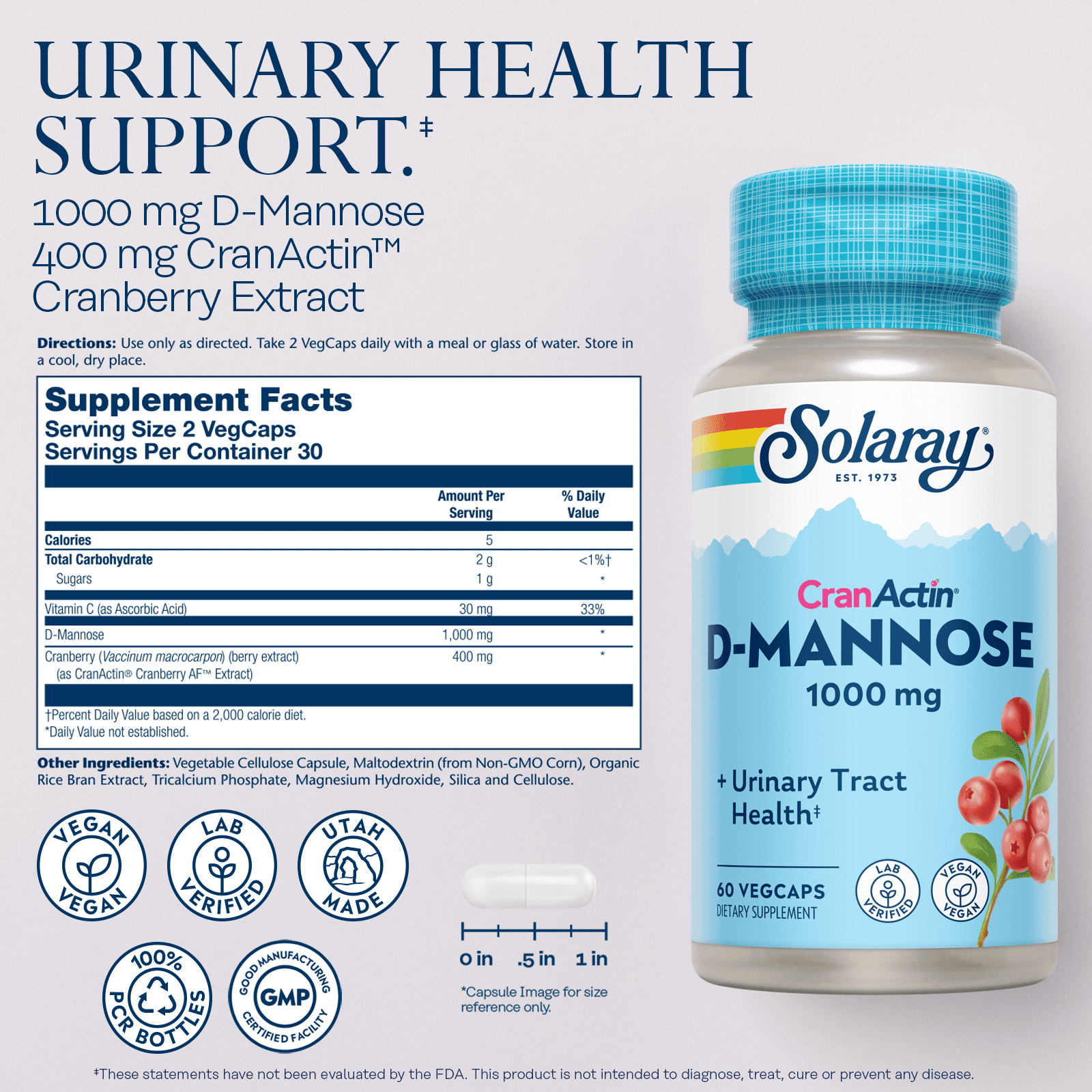 Solaray D-Mannose 1000mg with CranActin Cranberry Extract - D Mannose Cranberry Supplement with Vitamin C - Supports Urinary Tract and Bladder Health - Vegan, 60 Day Guarantee (60 CT)