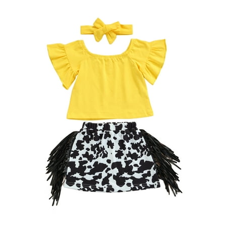 

Bebiullo Solid Color U Neck Short Sleeve Top Leopard Print Skirt Headband