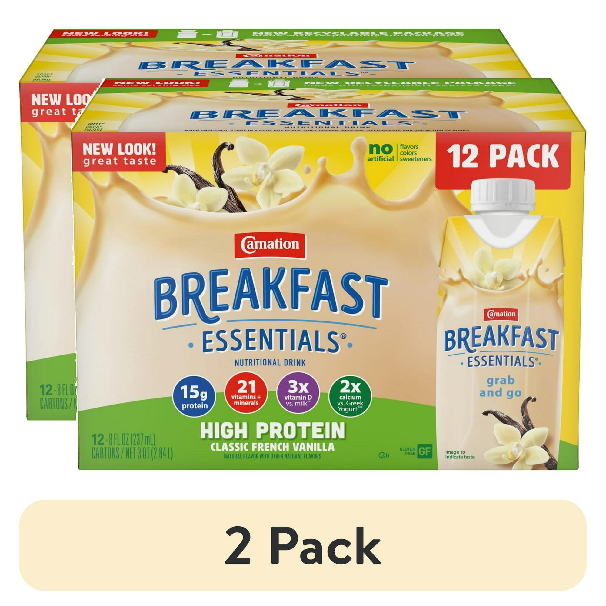 (2 pack) Carnation Breakfast Essentials High Protein Nutritional Drink Shakes, Classic French Vanilla Breakfast Shakes, 8 fl oz, 12 Pack