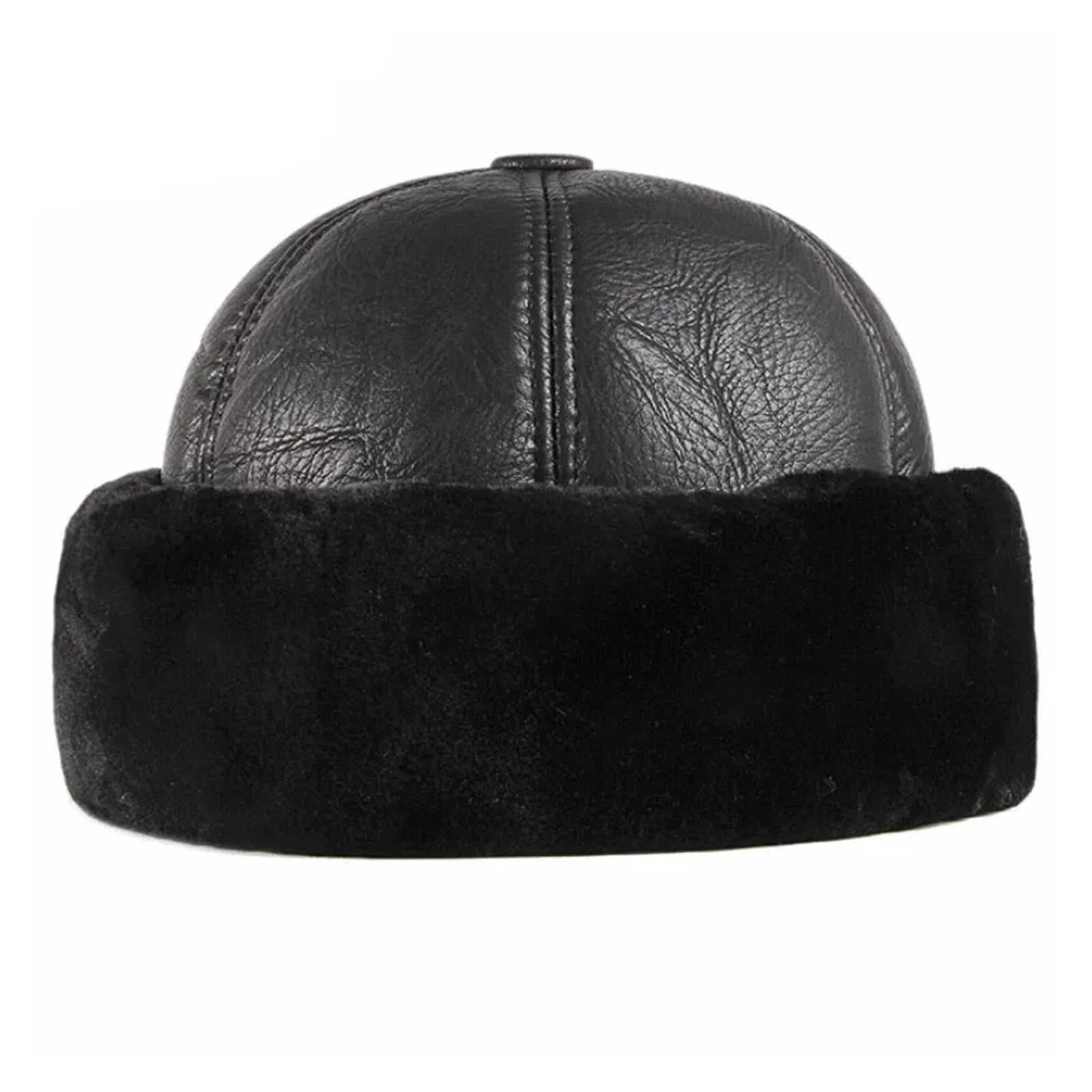 Thick Outdoor Warm Winter Hat Men Black Fur Leather Male Windproof Snow Ski Cap Fleece Lined ,Classic Vintage