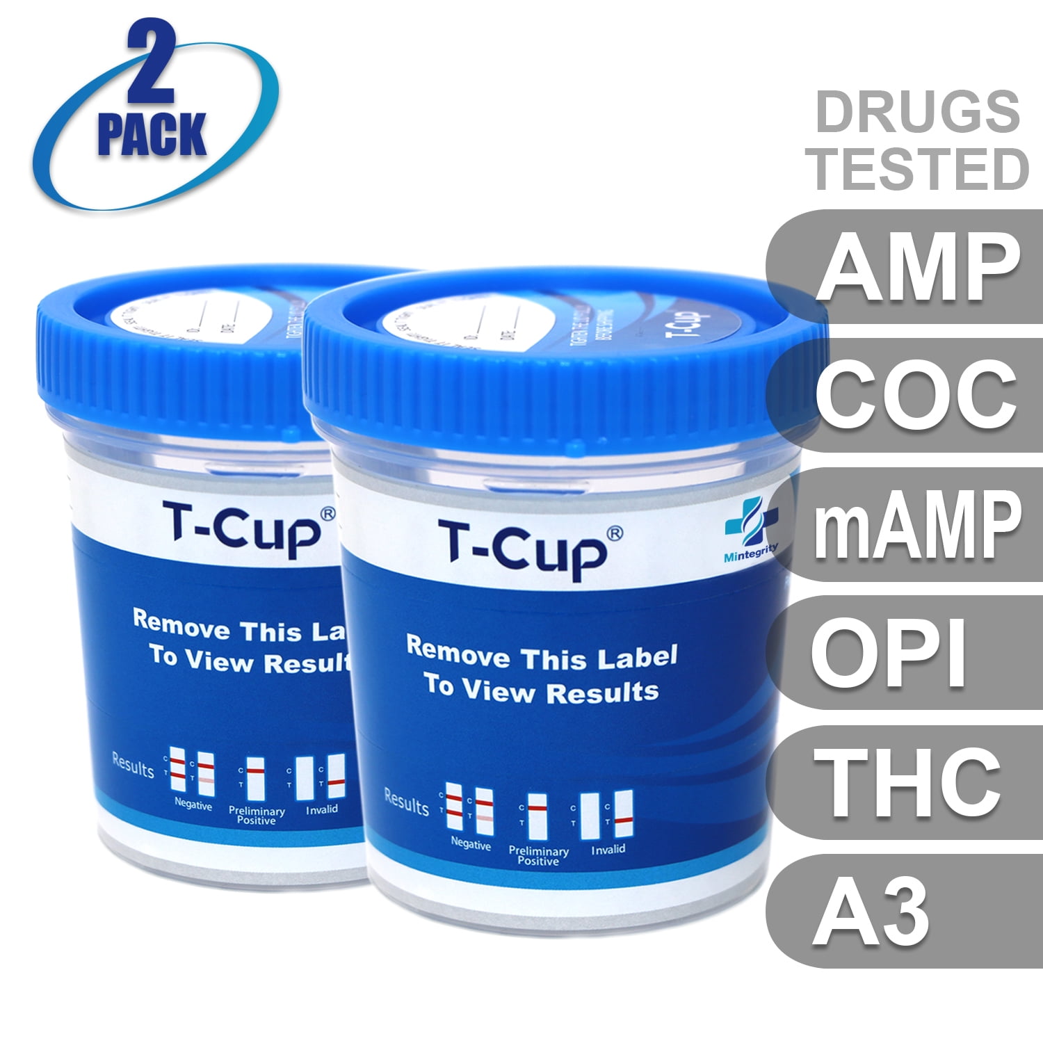 Mintegrity [2pk] - 5-Panel T-Cup Instant Urine Drug Test - Amphetamine (AMP), Cocaine (COC), Meth/Methamphetamine (mAMP/MET), Opiates (OPI), Marijuana/Cannabinoids (THC) with A3 #MI-TDOA-254A3