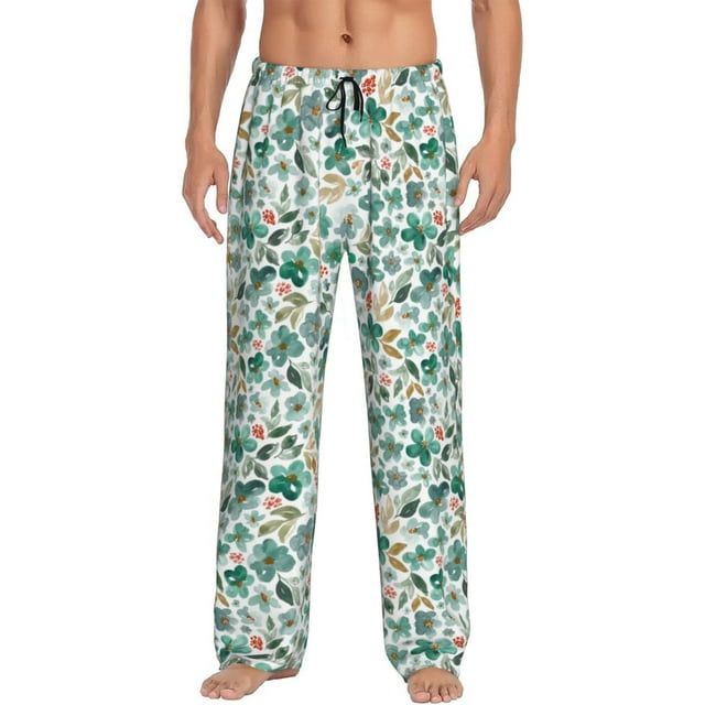 Kdxio Floral In Teal Print Mens Pajama Pants Set Sleep & Lounge Pants, PJ Bottoms with Pockets and Button Fly-Medium