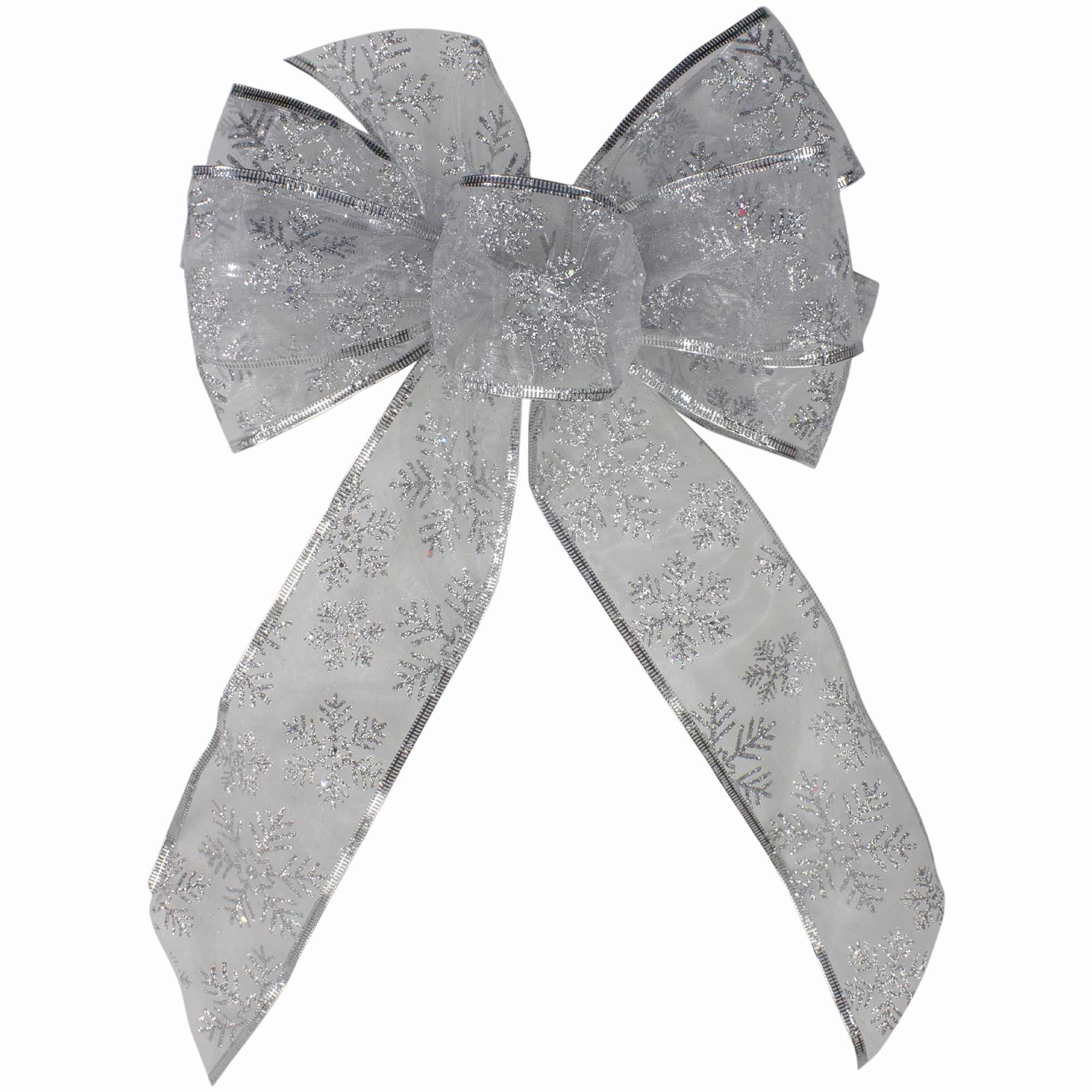 14' x 9' Sheer Silver Snowflake 6 Loop Christmas Bow Decoration