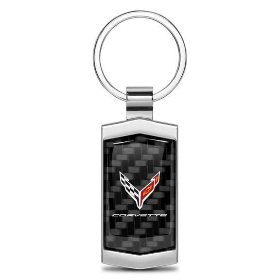 iPick Image for Chevrolet Corvette C8 Real Black Carbon Fiber Chrome Metal Case Key Chain, Official Licensed