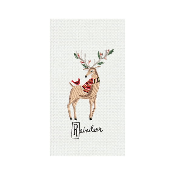 27" x 18" Christmas Winter Class Reindeer Cotton Embroidered & Waffle Weave Kitchen Dish Towel