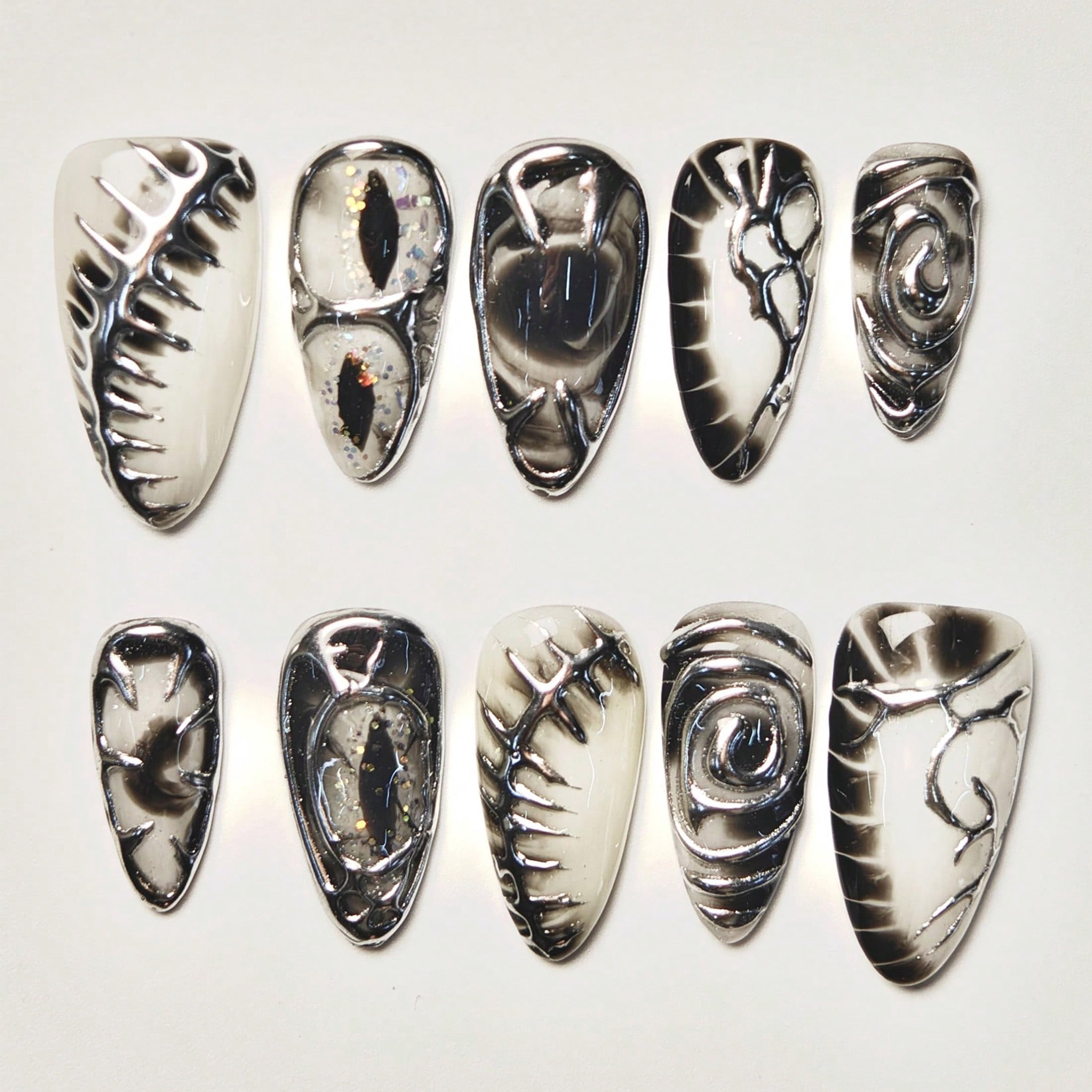 10pcs Almond Medium Handmade Press On Nails, Y2K Goth Style, Silvery 3D Liquid Metal Design, Suitable For Summer Party, For Women Girls