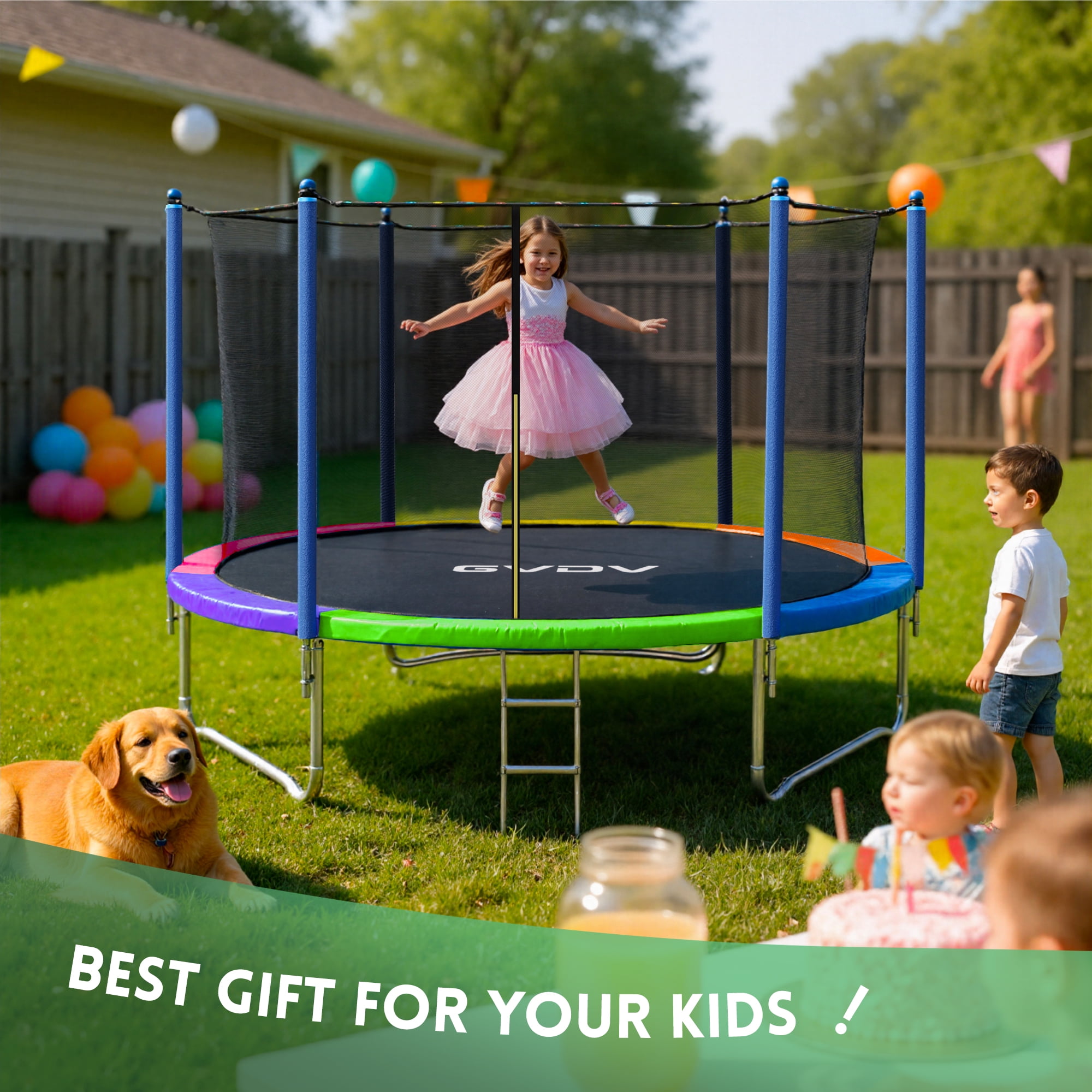 GVDV Outdoor Trampoline, 10' Backyard Recreational Trampoline with Enclosure for Kids & Adults