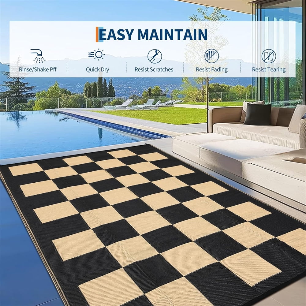 Outdoor Rugs 8x10ft/9x12ft Plaid Reversible Plastic Straw Rugs, Easy Cleaning Checkered Camping Carpet, Lightweight Outside Floor Mat for Picnic, Patio, RV, Porch, Deck, Balcony, Beach