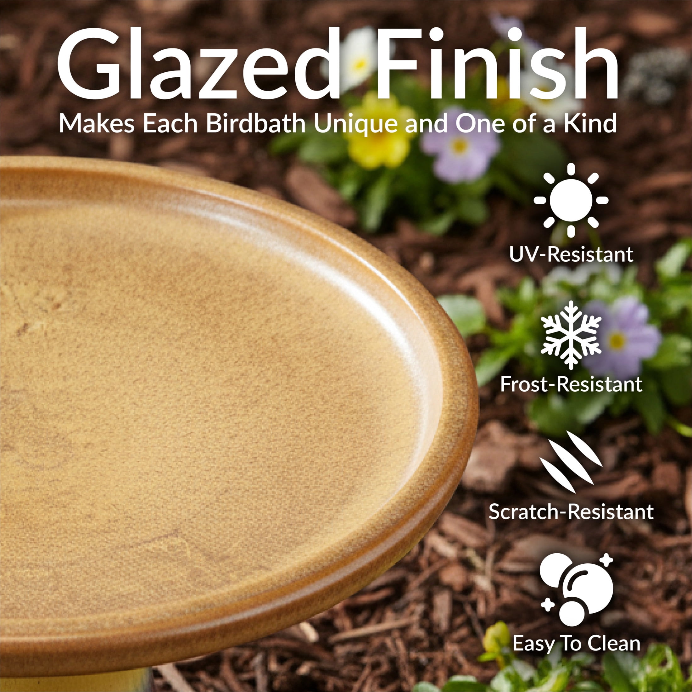 Sunnydaze Duo-Tone Freestanding Ceramic Outdoor Bird Bath, UV-Resistant Lemon Cognac Finish