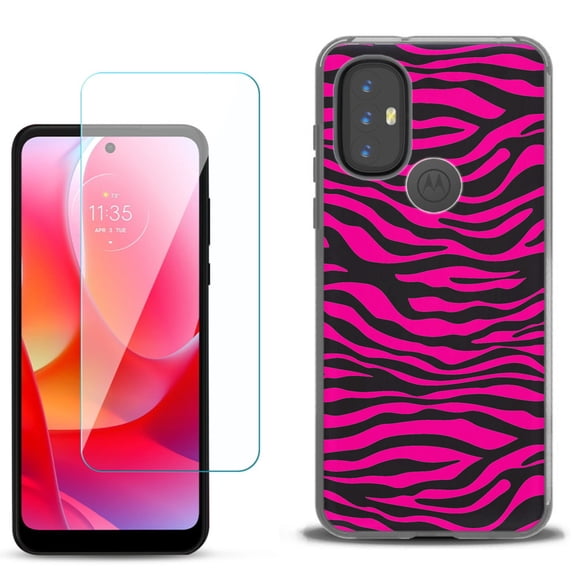 Slim-Fit Gel TPU Phone Case for Motorola Moto G Power 2022, with Tempered Glass Screen Protector, by OneToughShield ® - Zebra Pink