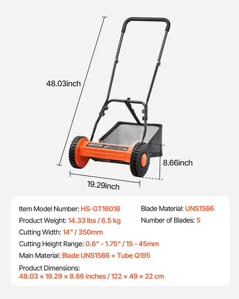14 Inch Manual Push Reel Lawn Mower 5 Blade Adjustable Height with Grass Catcher and 2 Wheels