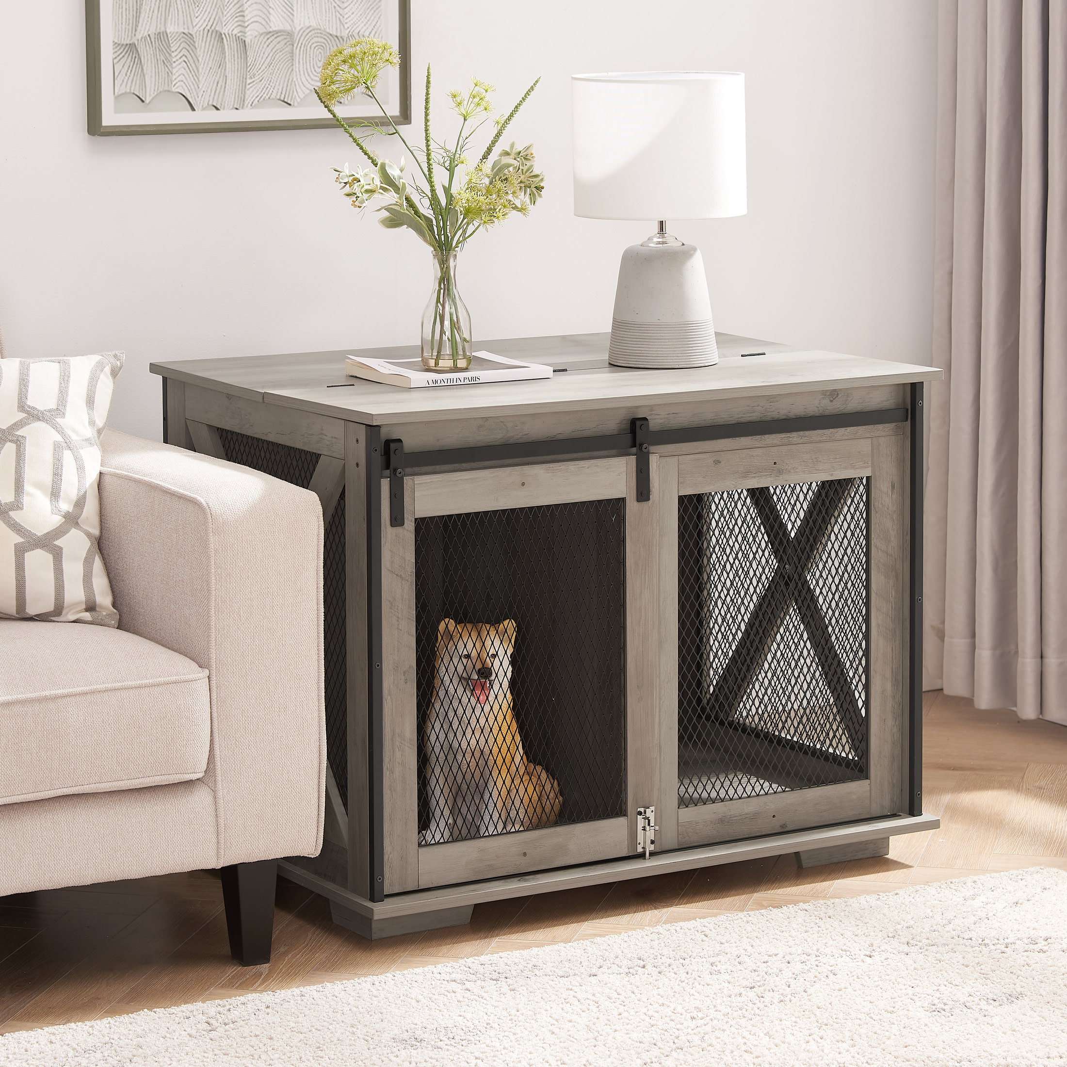 Noble House Farmhouse Dog Cage Crate Furniture, Sliding Barn Door Kennel End Table with Divider and Flip-Top, Gray Wash