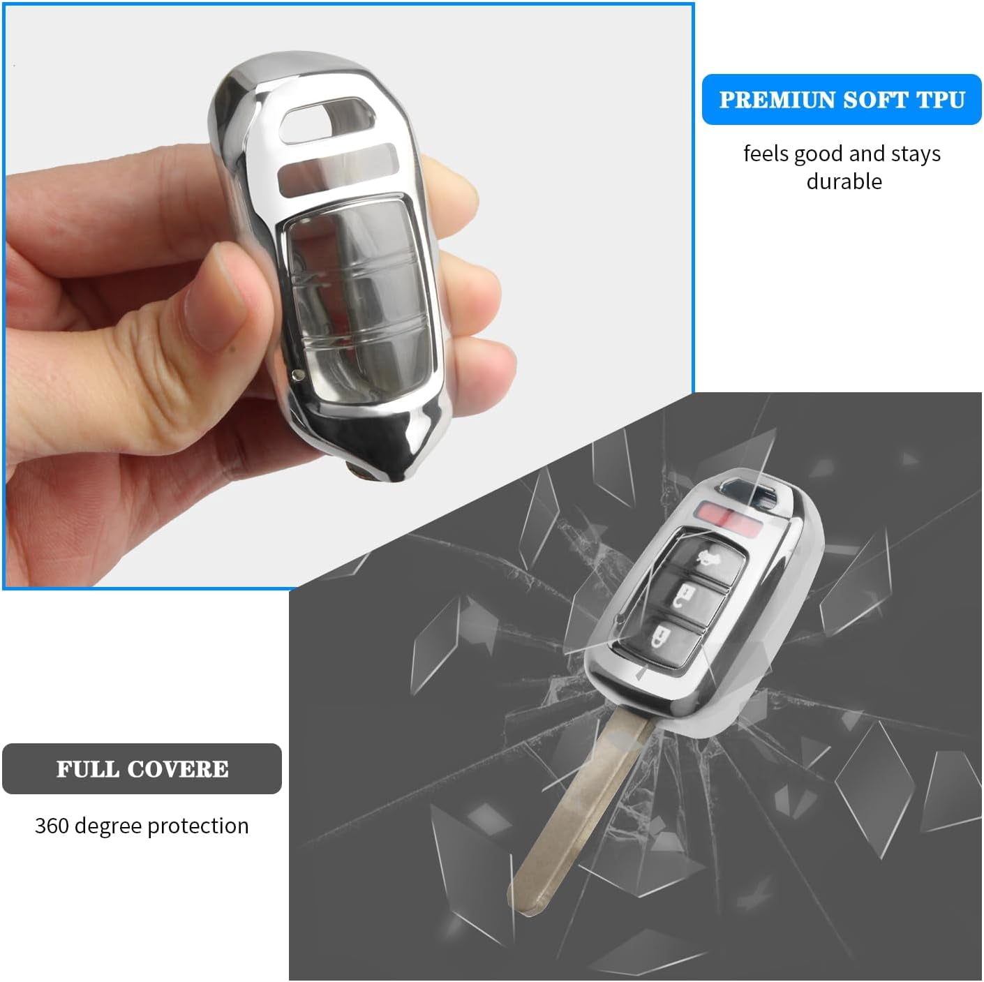 for Honda Key Fob Cover with Key Chain, Soft TPU Key Case Shell Full Protection for Sports Accord Civic CR-V HR-V LX,Silver