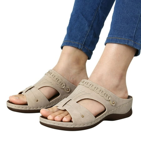 

ZIZOCWA Vintage Women Wedges Sandals Lightweight Summer Leather Hollow Roman Slippers Ethnic 2023 Casual Simple Solid Color Beach Shoes Beige Size7