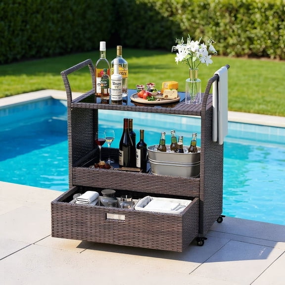 Resenkos Outdoor Wicker Bar Cart Table, Tempered Glass Top Mobile Serving Cart with Storage for Patio Garden, Gray
