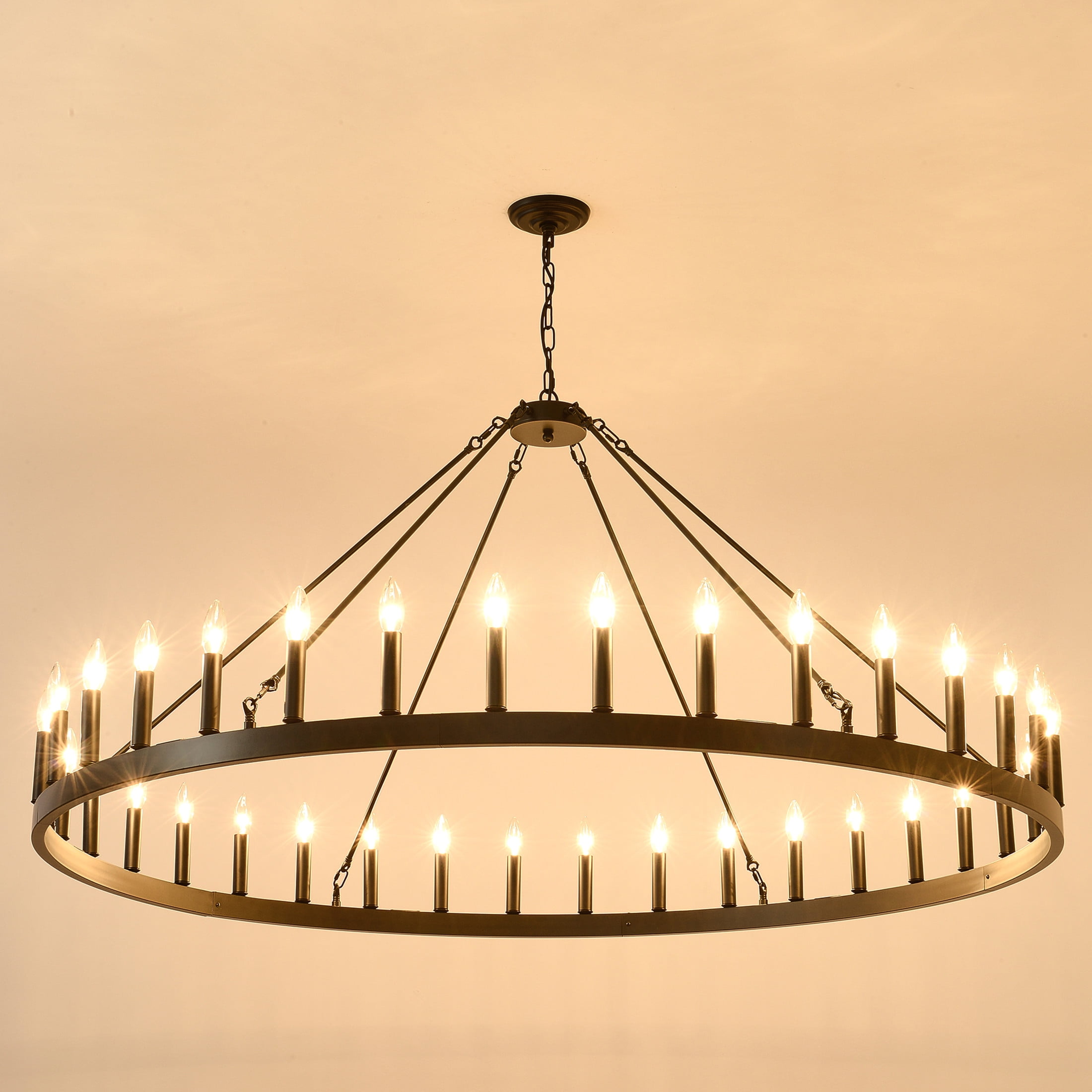 GDF Studio 60" Farmhouse Wagon Wheel Chandelier, 36-Light Adjustable Chain Ceiling Light, Matte Black