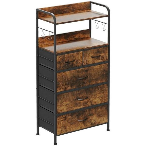 5 Drawers Dresser, Tall Dresser for Bedroom,Chest of Drawers with Hooks for Closet, Wood Vertical Dresser for Living Room, Hallway, Entryway