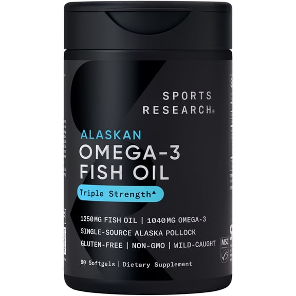 Sports Research Triple Strength Omega 3 Fish Oil - Burpless Fish Oil Supplement w/ EPA & DHA Fatty Acids from Wild Alaskan Pollock - Heart, Brain & Immune Support for Men & Women - 1250 mg Capsules