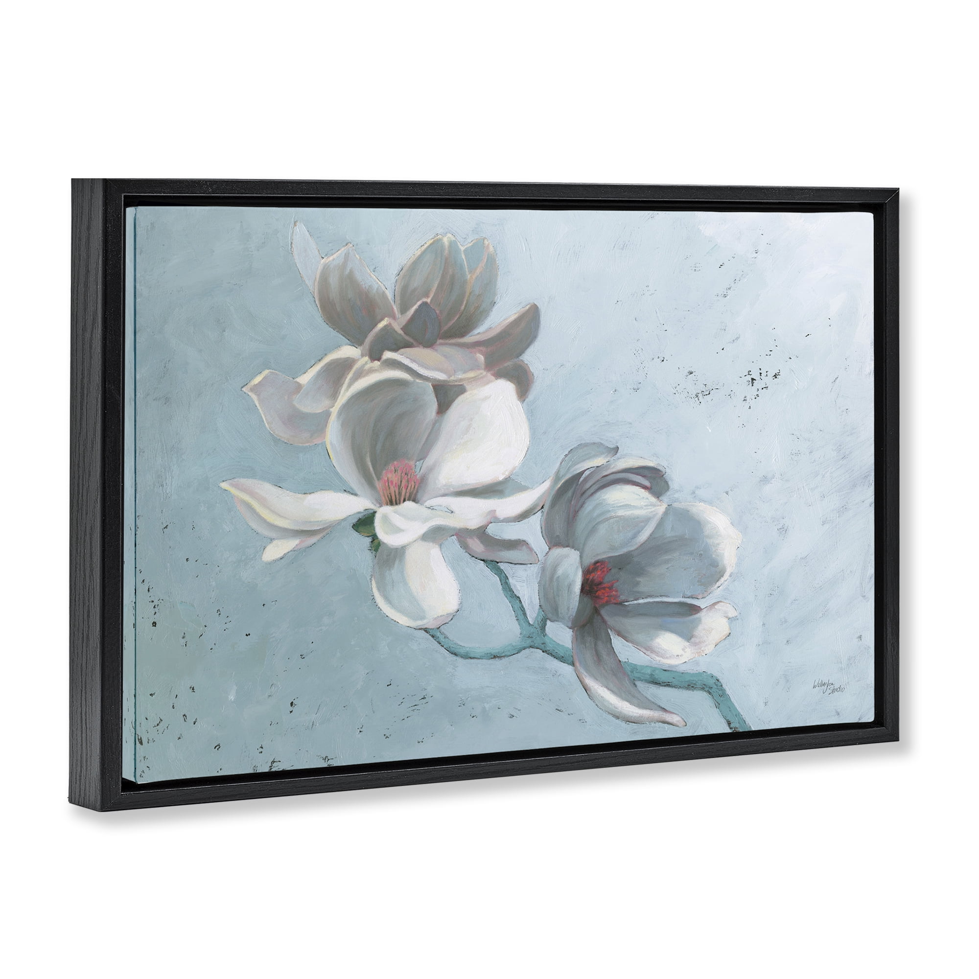Stupell Industries Magnolia Branch on Blue Botanical & Floral Painting Black Floater Framed Art Print Wall Art, 31 x 21