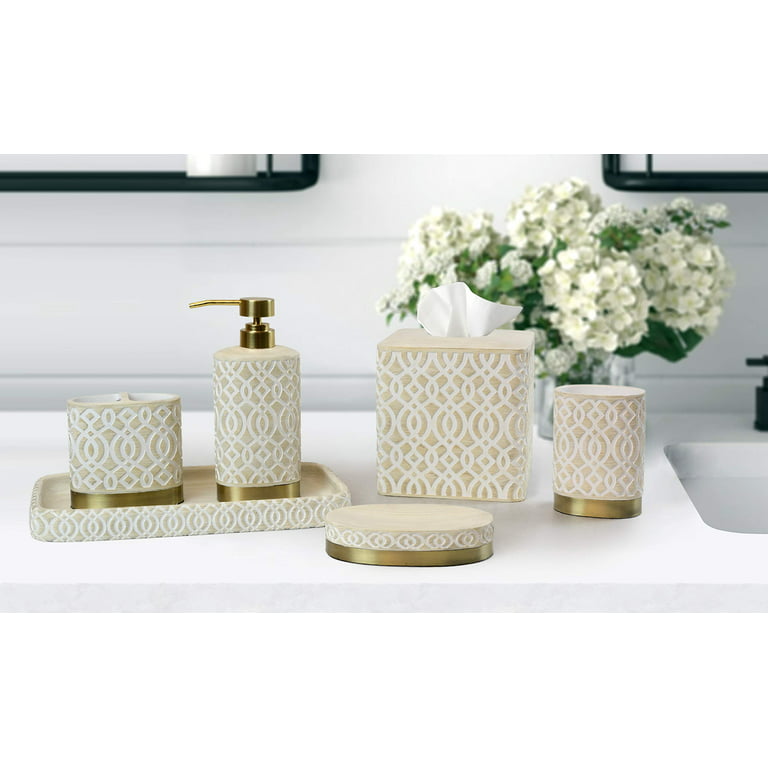 Decozen Bathroom Accessories Set of 6 Includes Soap Lotion Dispenser, Tooth  Brush Holder, Soap Dish, Tumbler, Vanity Tray, and Tissue Box - Black Silver  Gold 