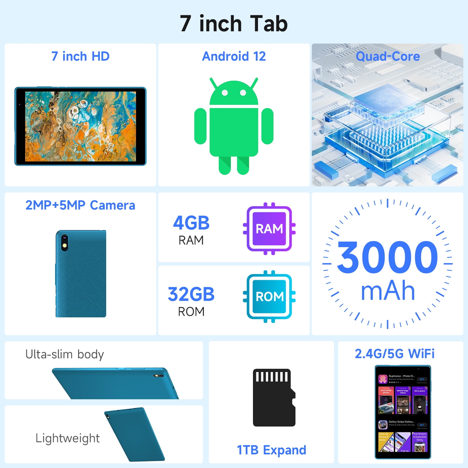 Tablet 7 inch Android 12.0 Tablet, 4GB+32GB ROM （1TB Expand）, Quad-Core, WiFi, GMS, Dual Camera, Educational, Games Green