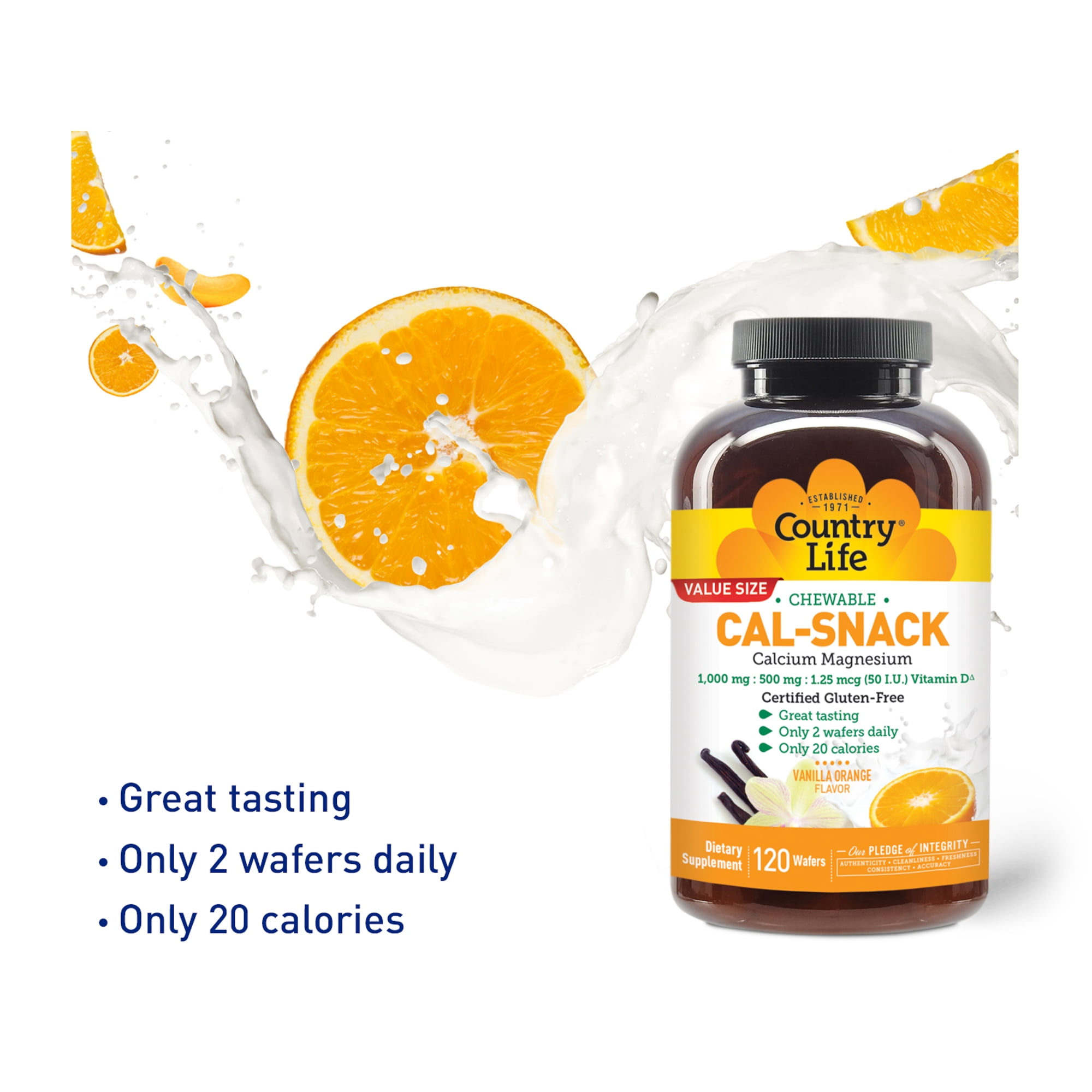 Country Life Cal-Snack - Chewable Calcium Magnesium Supplement wafers with Vitamin D3, Easy to Digest, Vanilla Orange Flavor, Dietary Supplement