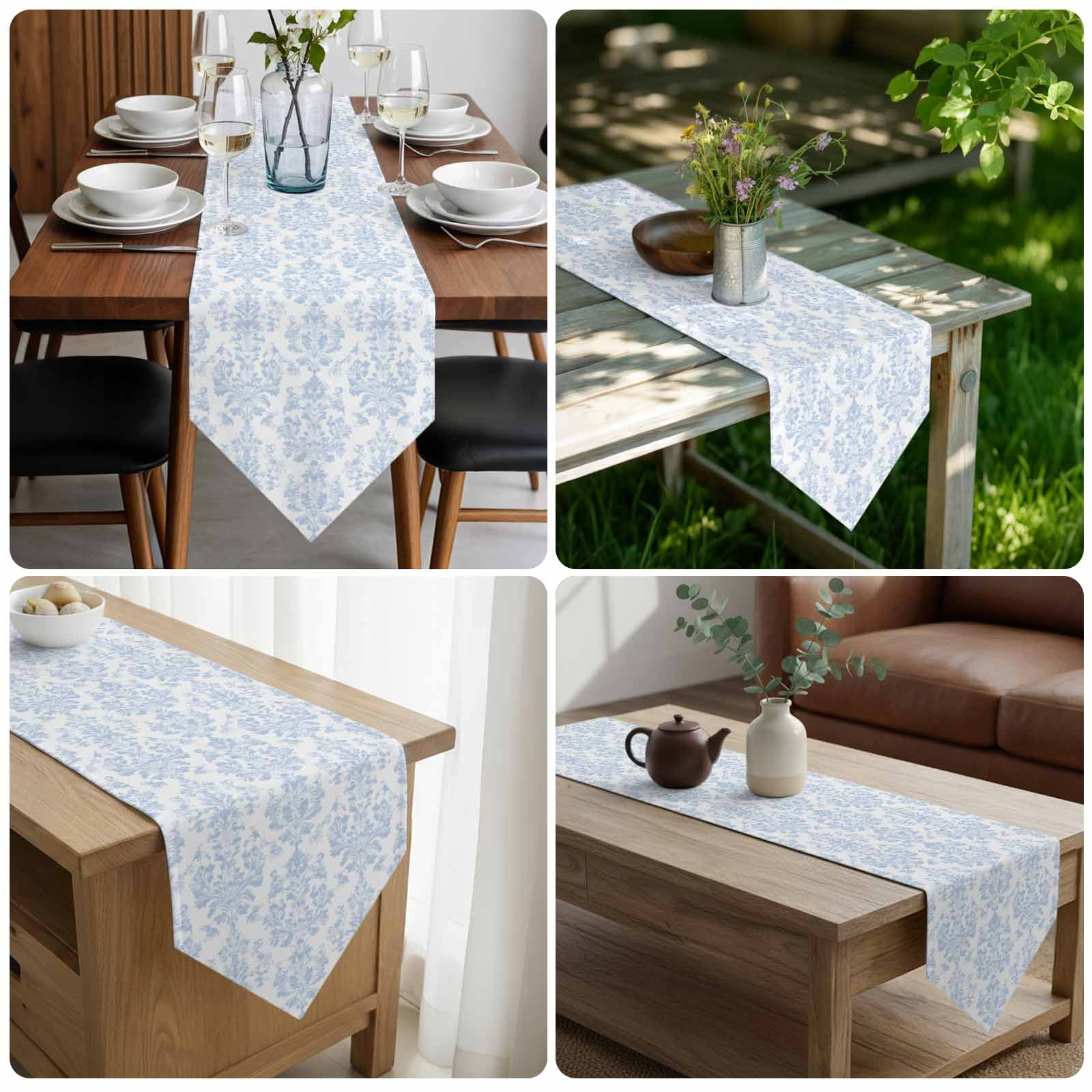Blue Boho Floral Table Runner Linen Burlap Table Runner 72 Inches Long Farmhouse Middle Century Flowers Dresser Scarves for Kitchen Island Coffee Dining Party Wedding Banquet Holiday Decor 18"x72"