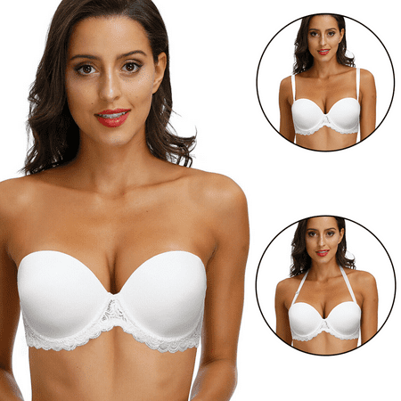 

Strapless Clear Back Strap Convertible Bra with Lace Padded Underwired Plus Size Brassiere